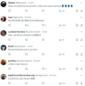 Comentários sobre Camila Loures no BBB 24 (Reprodução/X)