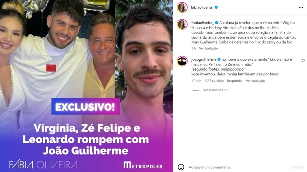 João Guilherme responde post de Fábia Oliveira (Reprodução/Instagram)
