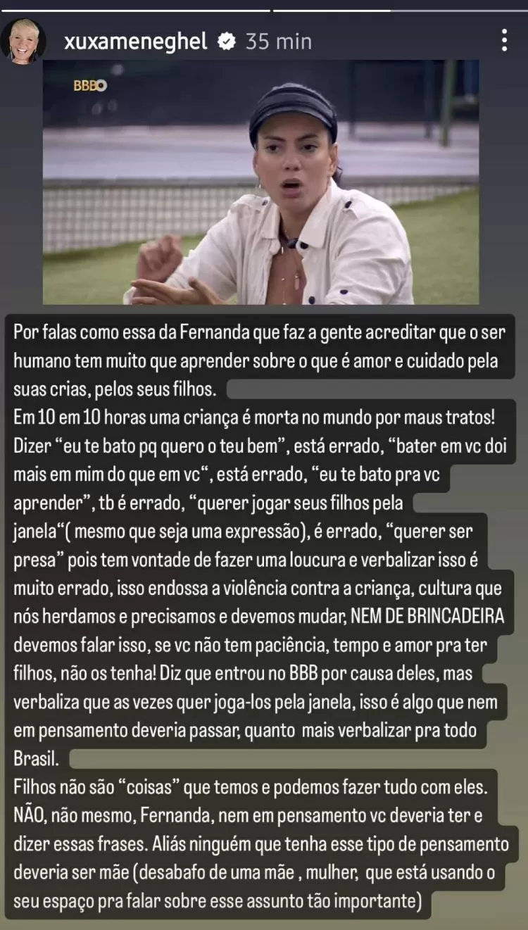 Xuxa critica fala de Fernanda no BBB24 (Reprodução/Instagram)
